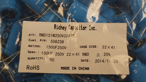 (2) ALUMINIUM ELECTROLYTIC CAPACITOR 150uF 250V 20% AXIAL ROHS RMD151M250V2241B
