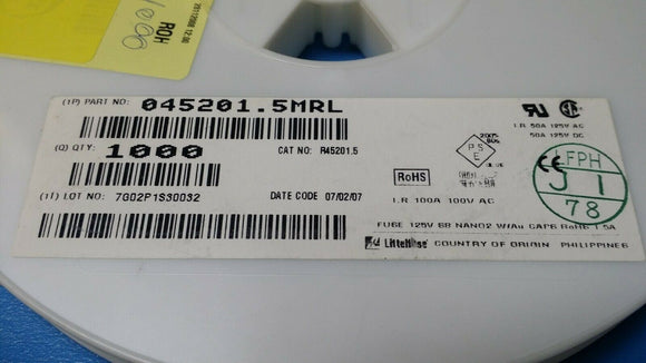 (10 PCS) 045201.5MRL LITTELFUSE FUSE BRD MNT 1.5A 125VAC/VDC SMD ROHS
