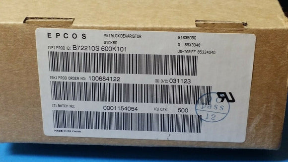 (10pc) B72210S-600K101 EPCOS/TDK Varistor Metal Oxide 85VDC/60VAC 870pF 25A 100V