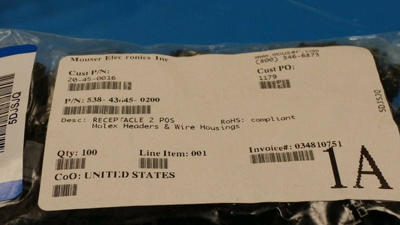 (100pcs) 43645-0200 MICRO-FIT 3.0 Series 3mm Pitch 2 Way 1 Row Female Straight P