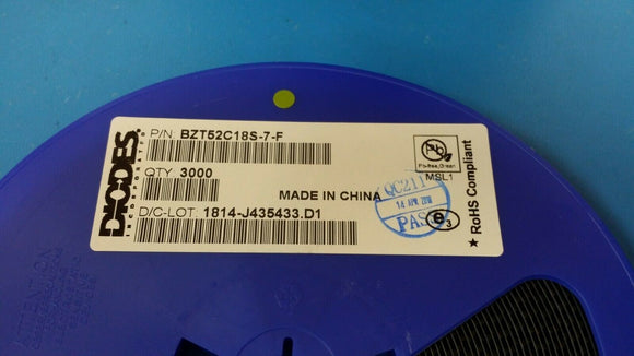 (100pcs) BZT52C18S-7-F Zener Diode Single 18V 6.41% 45Ohm 200mW 2-Pin SOD-323