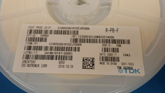 (10,000pcs) C1005C0G1H102J050BA Cap Ceramic 0.001uF 50V C0G 5% Pad SMD 0402 125°