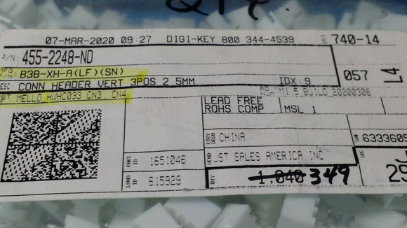 (20PCS) B3B-XH-A(LF)(SN) JST Connector Header Thru Hole 3 Pin 0.098