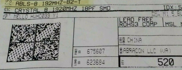 (10PC) ABLS-8.192MHZ-B2-T Abracon 8.192 MHz ±20ppm Crystal 18pF 80 Ohms HC-49/US