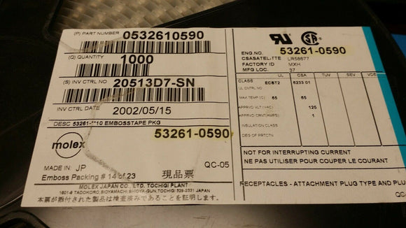 (20pcs) 53261-0590 Header Connector, PCB Mount, Receptacle, 5 Contacts, Pin, 0.0