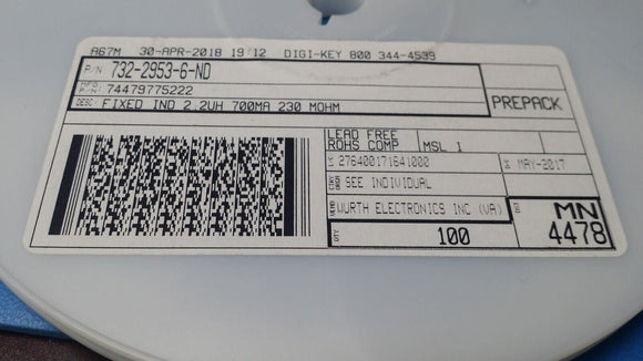 (10 PCS) 74479775222 WURTH FIXED IND 2.2UH 700MA 230MOHM 0805 (2012 Metric)