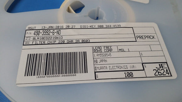 (25 PCS) BLM18EG221SN1D Ind Chip Bead 220Ohm 25% 100MHz Ferrite 2A 0603 ROHS