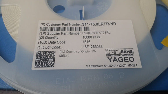 (10,000) RC0402FR-0775RL YAGEO RES 75 OHM 1% 1/16W 0402 ROHS