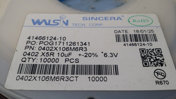 (25 PCS) 0402X106M6R3CT MLCC CAP CER 10UF 6.3V X5R 0402 ROHS