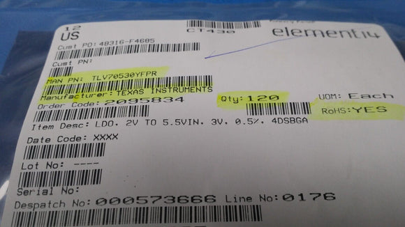 (2 PCS) TLV70530YFPR TI IC REG LINEAR 3V 200MA 4DSBGA ROHS