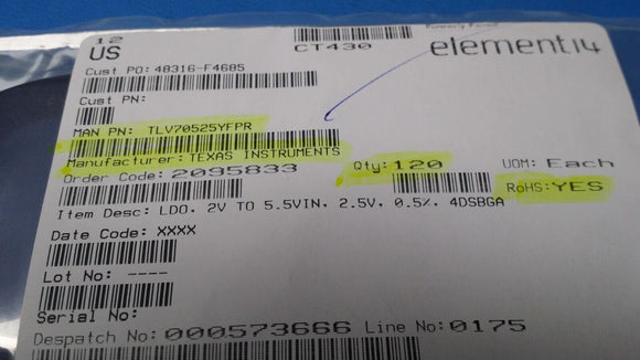 (2 PCS) TLV70525YFPR TI IC REG LINEAR 2.5V 200MA 4DSBGA ROHS