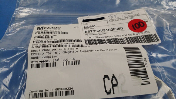 (100) B57332V5103F360 TDK NTC Thermistor 10k 0603 (1608 Metric)