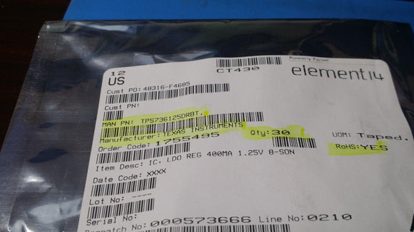 (2 PCS) TPS736125DRBT TI IC REG LINEAR 1.25V 400MA 8SON ROHS