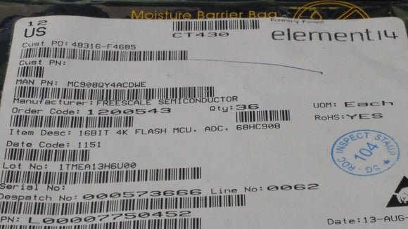 (1 PC) MC908QY4ACDWE FREESCALE IC MCU 8BIT 4KB FLASH 16SOIC ROHS