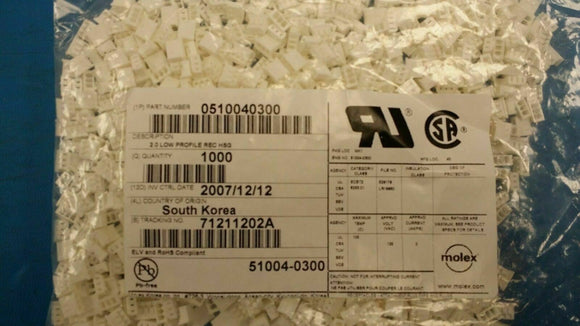 (1,000 PCS) 51004-0300, 0510040300 MOLEX CONN RCPT HOUSING 2MM 3POS SGL