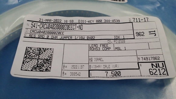 (100 PCS) CRCW04020000Z0EE Res Thick Film 0402 0 Ohm Jumper Molded SMD ROHS