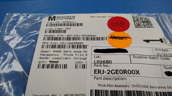 (100 PCS) ERJ-2GE0R00X PANASONIC RES SMD 0 OHM JUMPER 1/10W 0402 ROHS