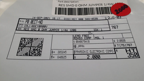 (100 PCS) ERJ-8GEY0R00V BY PANASONIC RES SMD 0 OHM JUMPER 1/4W 1206 ROHS