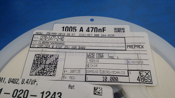 (10,000 PCS) CL05A474KA5NNNC SAMSUNG MLCC, CAP CER 0.47UF 25V X5R 0402 ROHS