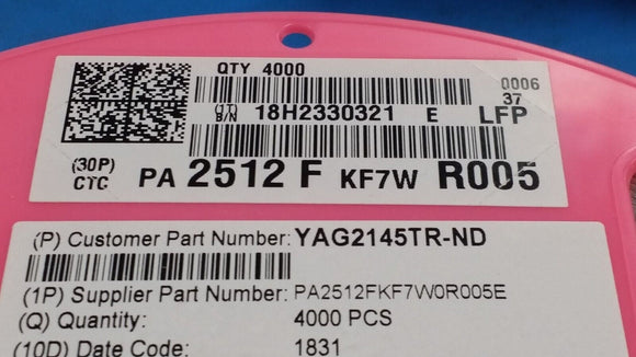 (10PC) PA2512FKF7W0R005E Current Sense Resistors - SMD 5mOhm 2W 1% AEC-Q200 ROHS