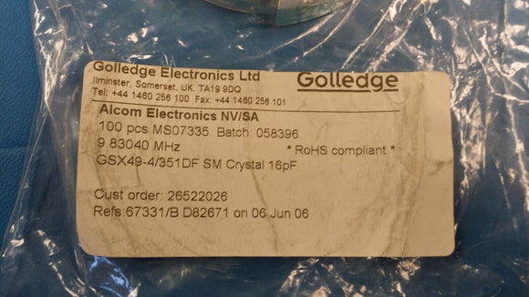 (20pcs) GSX49-4/9.8304M/351DF/16PF/LF 4.3mm Low Profile SM Crystal