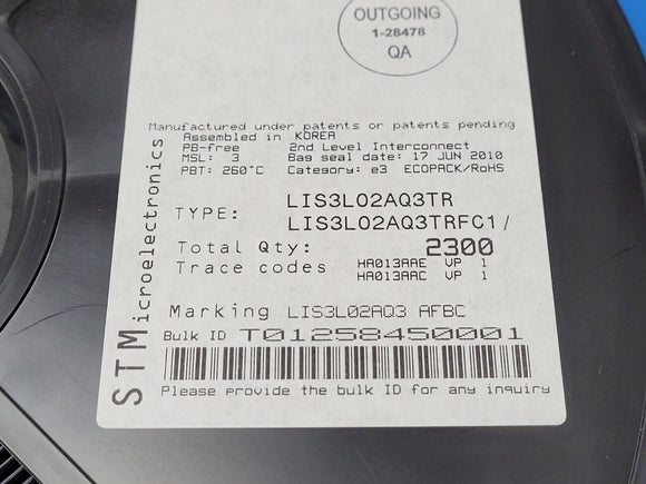 (25 PCS) LIS3L02AQ3TR STMICRO ACCELEROMETER 2-6G ANALOG 44QFN ROHS