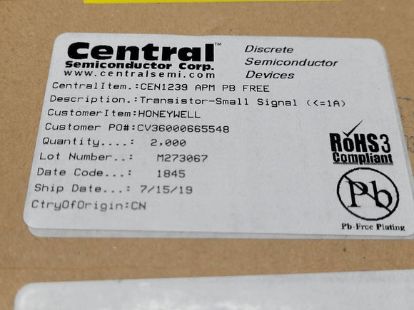 (25 PCS) CEN1239_APM_LEAD_FREE Central Semi TRANSISTOR SMALL SIGNAL 1A TO-92