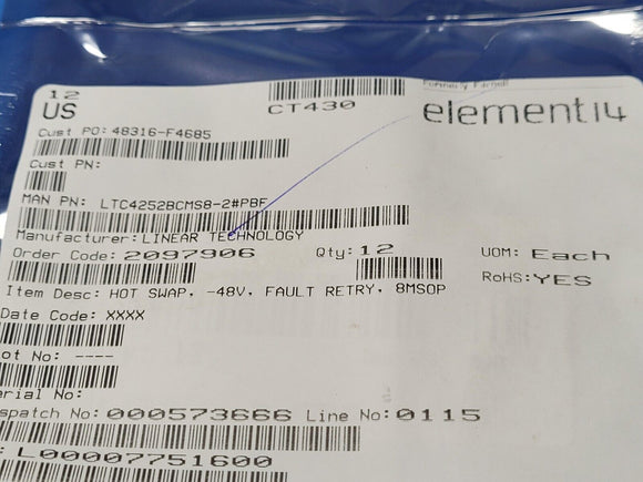 (1 PC) LTC4252BCMS8-2#PBF Hot Swap Controller 1 Channel -48V 8-MSOP ROHS