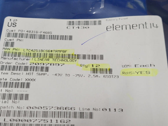 (1 PC) LTC4251BCS6#TRMPBF Hot Swap Controller 1 Channel -48V TSOT-23-6 ROHS