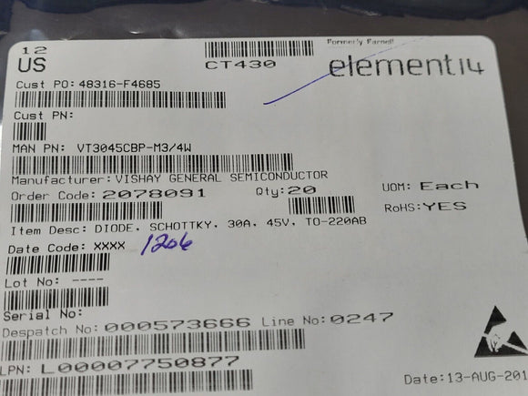 (2 PCS) VT3045CBP-M3/4W VISHAY DIODE ARR SCHOTT 45V 15A TO220-3 ROHS