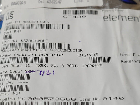 (1 PC) KSZ8893MQLI MICREL IC MANAGED SWITCH 10/100 128QFP ROHS