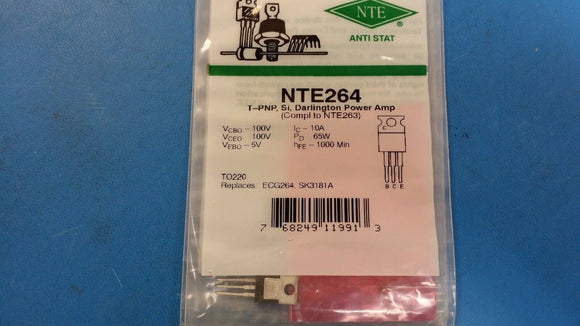 (1 PC) NTE264, ECG264, SK3181A, Silicon PNP Transistor, Darlington Power Amp