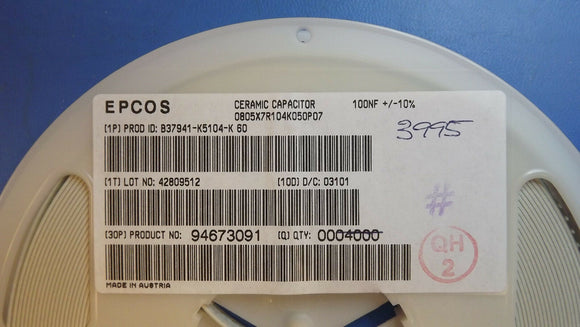 (200 PCS)EPCOS 0.1uF 50volts X7R 10% Multilayer Ceramic Capacitor B37941K5104K60