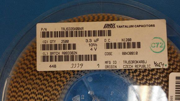 (100 PCS) TAJS335K004R AVX Tantalum Capacitors - Solid SMD 3.3uF 10% Tol. 4v