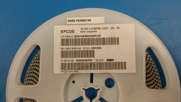 (25 PCS) B45196E6224M109 EPCOS Cap Tantalum Solid .22uF 35V A CASE 20% SMD ROHS