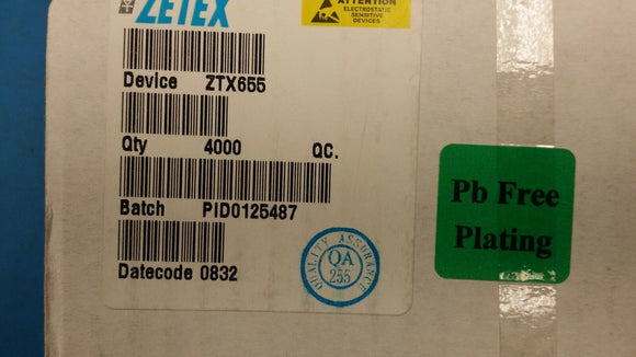 (4000) ZTX655 ZETEX Trans GP BJT NPN 150V 1A 3-Pin E-Line TO-92 ROHS (0832 D/C)