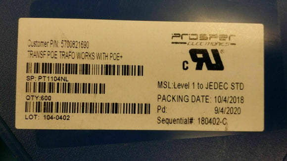 (10 PC) PT1104NL Single port 10/100 LAN Transformer, extended temp, PoE+ 802.3at