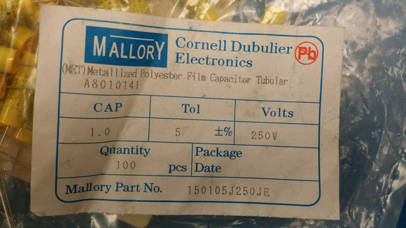 (20 PCS) 150105J250JE Cornell Dubilier Film Capacitors 250V 1uF 5% Axial ROHS