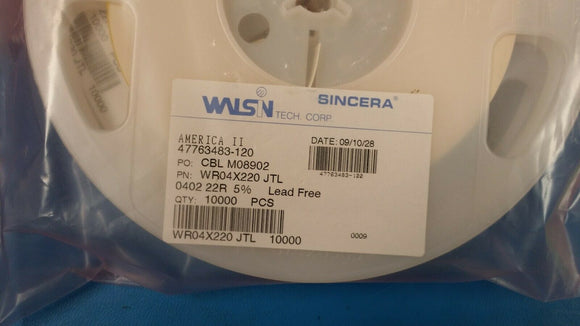 (10000) WR04X220JTL Chip Resistor - Surface Mount 22Ohms ±5% 1/16W 0402 RoHS