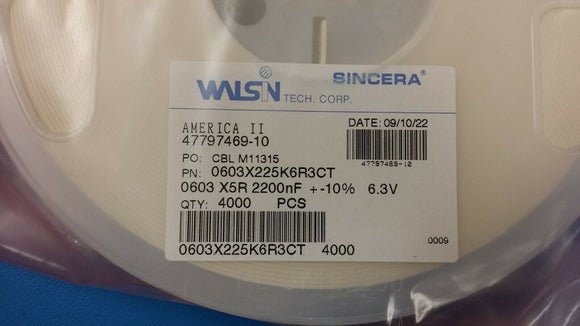 (100PC) 0603X225K6R3CT Multilayer Ceramic Chip Capacitor 2.2uF 6.3V X5R 10% 0603