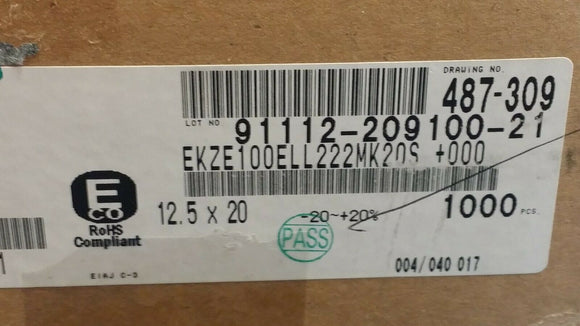 (10 PC) EKZE100ELL222MK20S UCC CAP ALUM 2200uF 10V 20% Radial 2360mA 5000h 105°C
