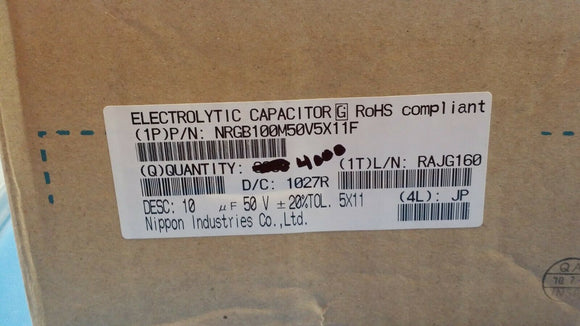 (200 PCS) NRGB100M50V5X11F Cap Aluminum 10uF 50V 20% 105Â°C Radial ROHS