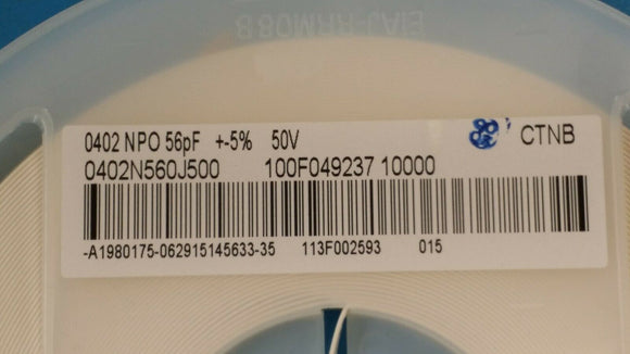 (200 PCS) 0402N560J500CT MLLC 56pF ±5% 50V Ceramic Capacitor C0G, NP0 0402 ROHS