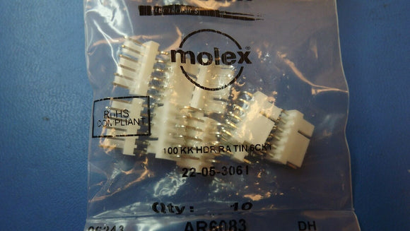 (10PCS) 22-05-3061 MOLEX R/A PCB HDR 6P TIN FRICTION LOCK