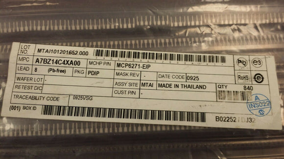 (10 PCS) MCP6271-E/P GP OP Amp 2MHz 25.5VDC 1 Circuit Rail-to-Rail 8-PDIP