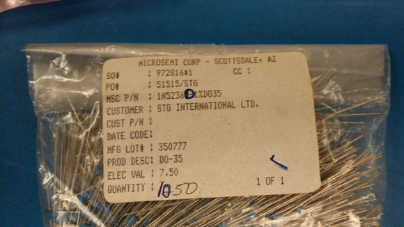 (10) 1N5236D-1 Zener Diode, 7.5V V(Z), 1%, 0.48W, Silicon, Unidirectional, DO-35