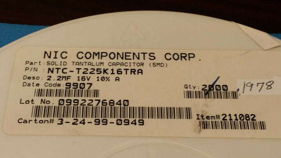 (25 PCS) NTC-T225K16TRA NIC Cap Tant Solid 2.2uF 16V A CASE 10%  6 Ohm 125°C