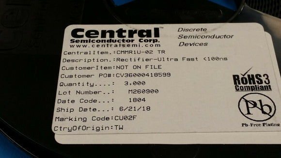 (10 PCS) CMMR1U-02 Central Semiconductor Diode Standard 200V 1A SOD-123F ROHS