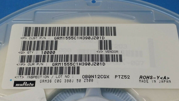(10,000 PCS) GRM1555C1H390JZ01D MURATA MLCC CAP CER 39PF 50V C0G/NP0 0402 ROHS