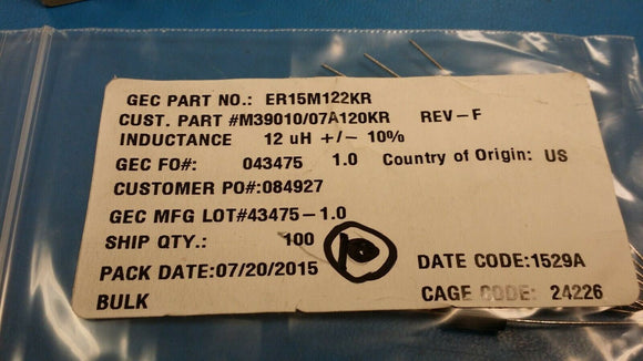 (10pcs) ER15M122KR General Purpose Inductor, 12uH, 10%, 1 Element, Powdered Iron